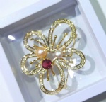 Brass flower brooch pin with pearl and clear cubic zircon stone
